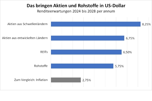 Das bringen Aktien und Rohstoffe in US-Dollar